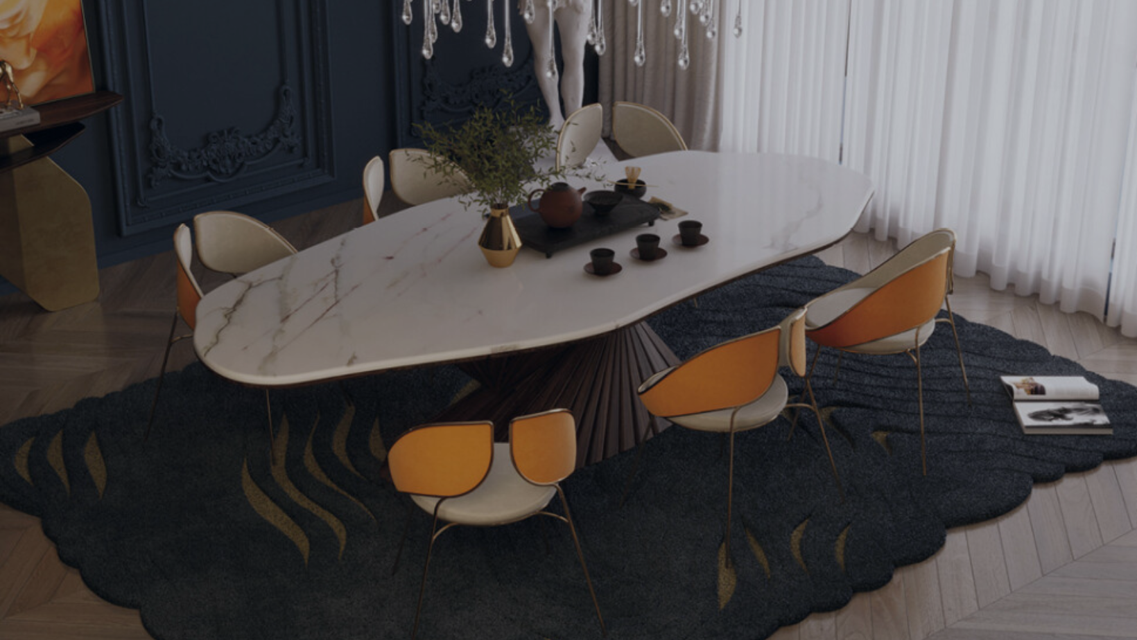 Luxury marble dining table with gold accents in an elegant setting