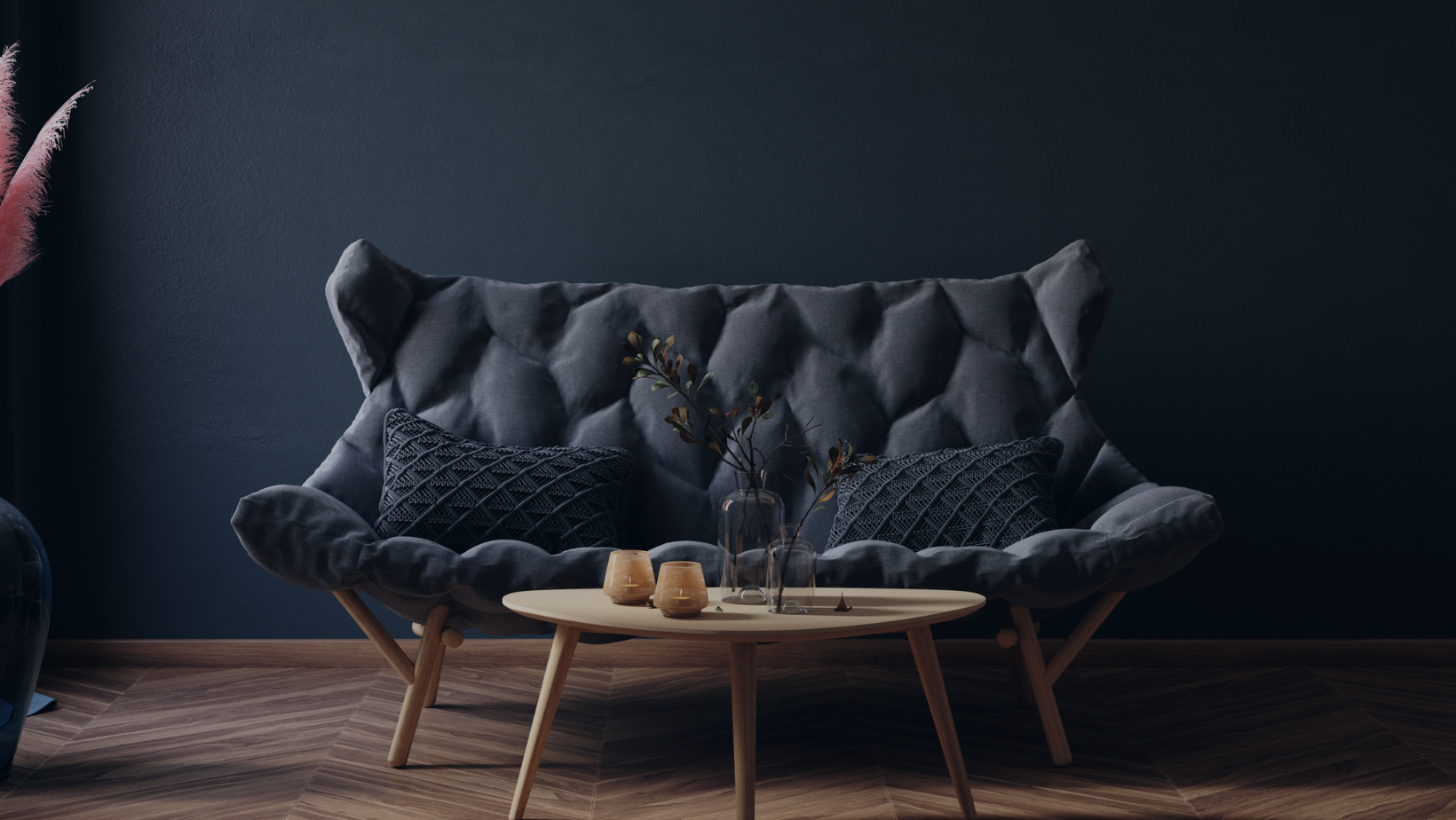Luxury velvet sofa and elegant chair in a high-end interior setting
